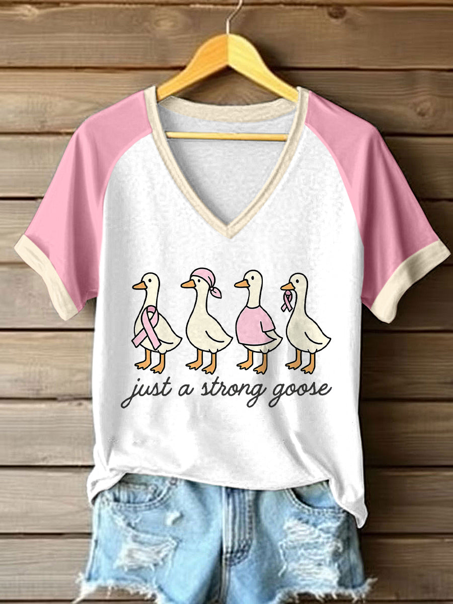 Women's Just A Strong Goose Print Contrast Color V-Neck T-Shirt