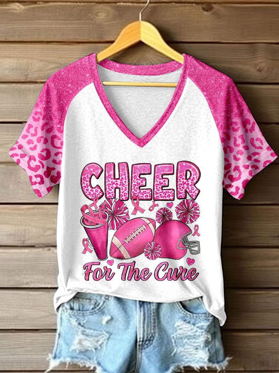 Women's Cheer For The Cure Print V-Neck T-Shirt