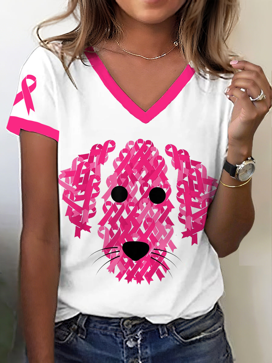 Women's Breast Cancer Awareness Pink Ribbon Dog Print T-Shirt