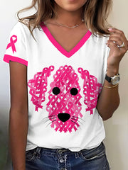 Women's Breast Cancer Awareness Pink Ribbon Dog Print T-Shirt