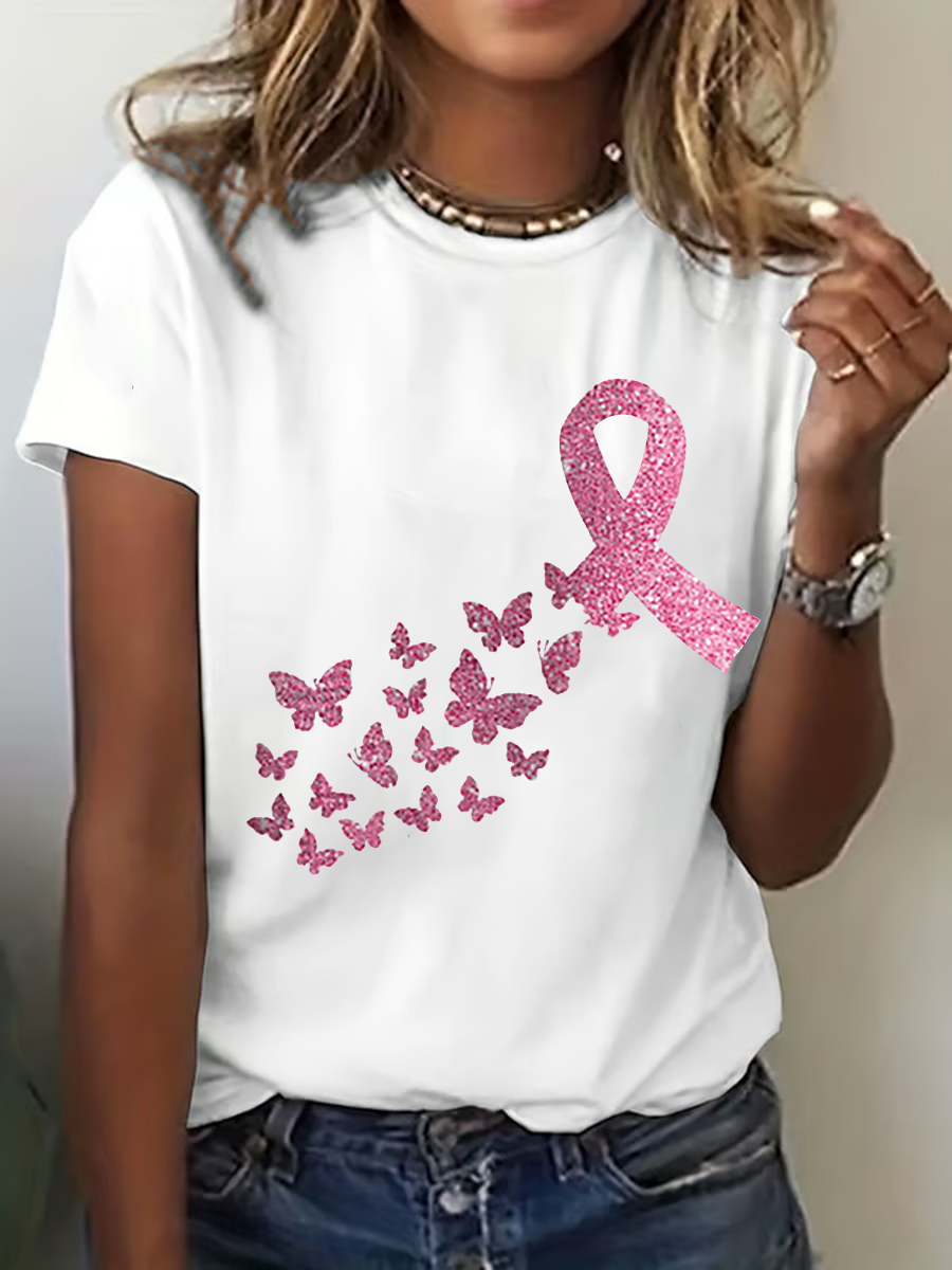 Women's Breast Cancer Awareness Pink Ribbon Print Casual T-Shirt