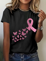 Women's Breast Cancer Awareness Pink Ribbon Print Casual T-Shirt