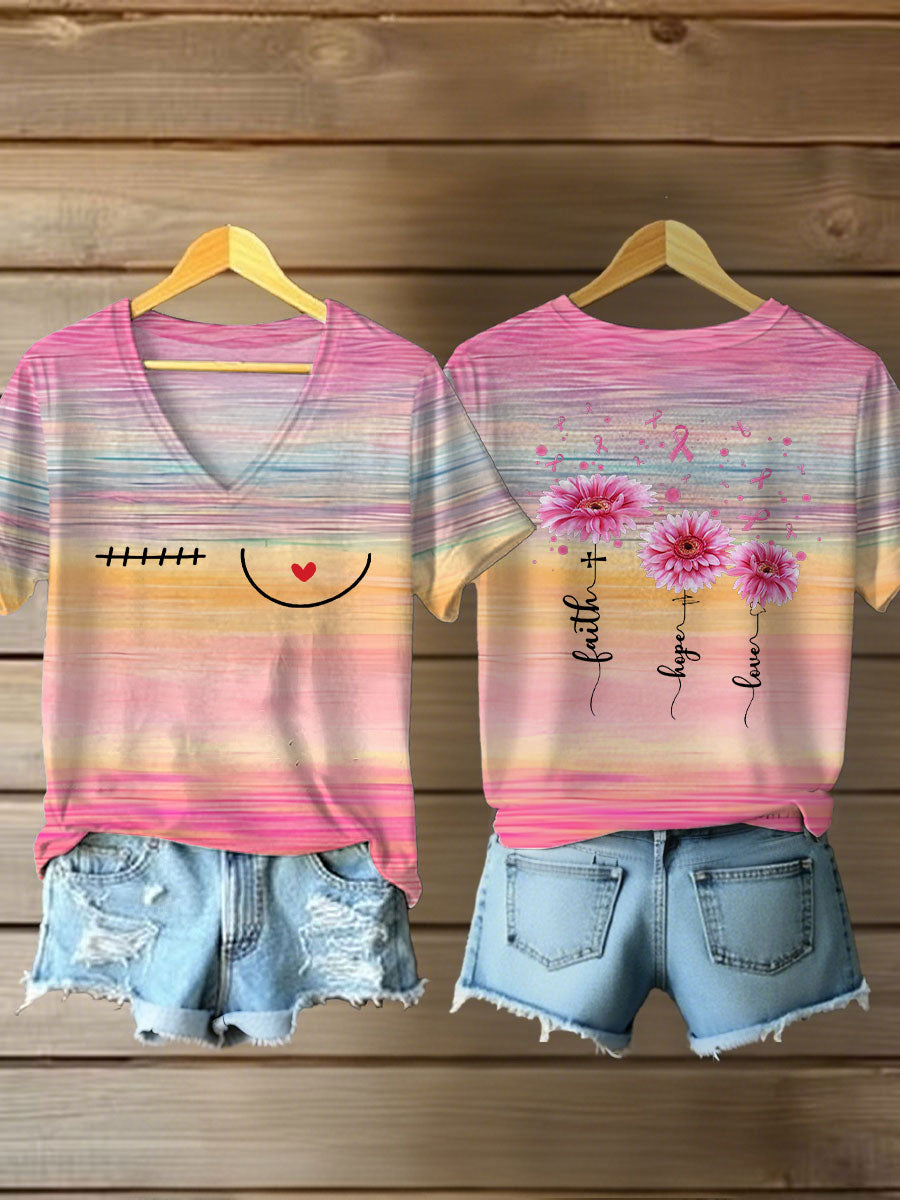Women's Breast Cancer Awareness Faith Hope Love Print Casual T-Shirt