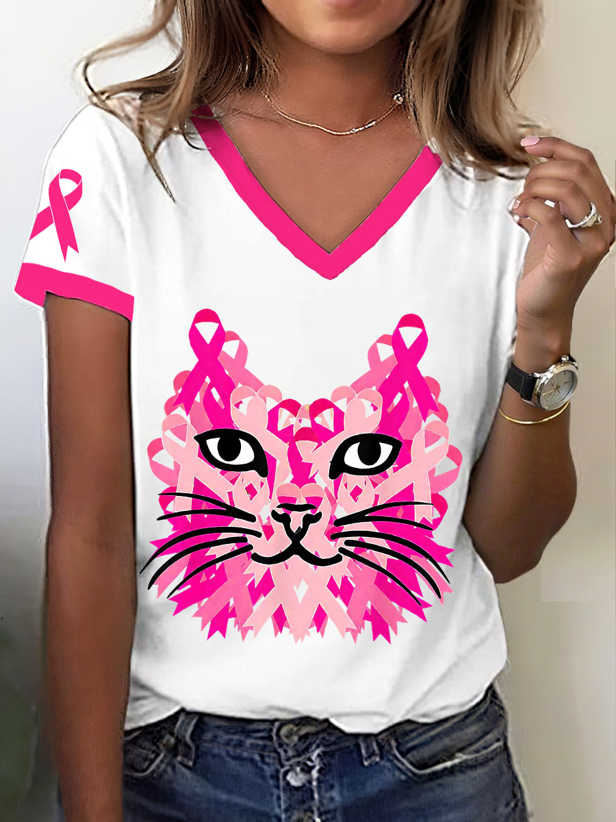 Women's Breast Cancer Awareness Pink Ribbon Cat Print T-Shirt