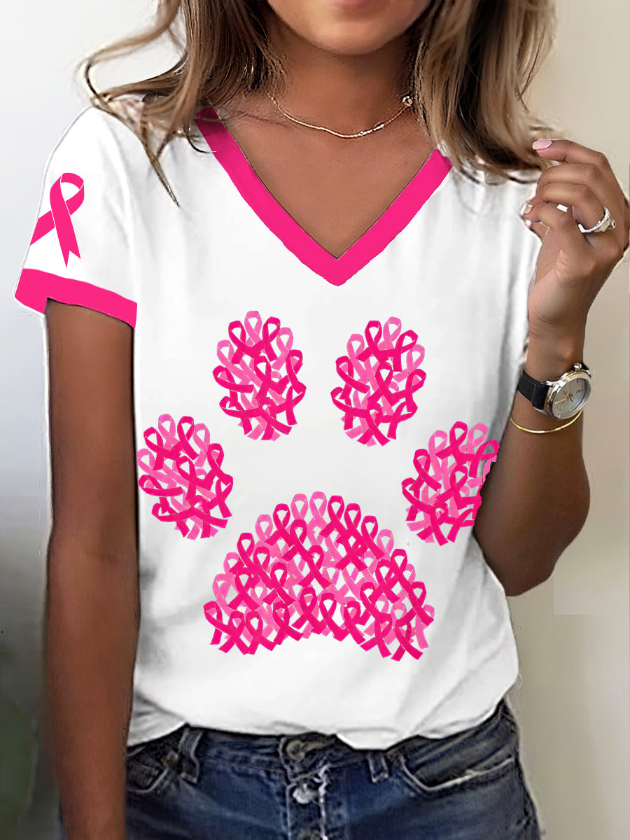 Women's Breast Cancer Awareness Pink Ribbon Paw Print T-Shirt