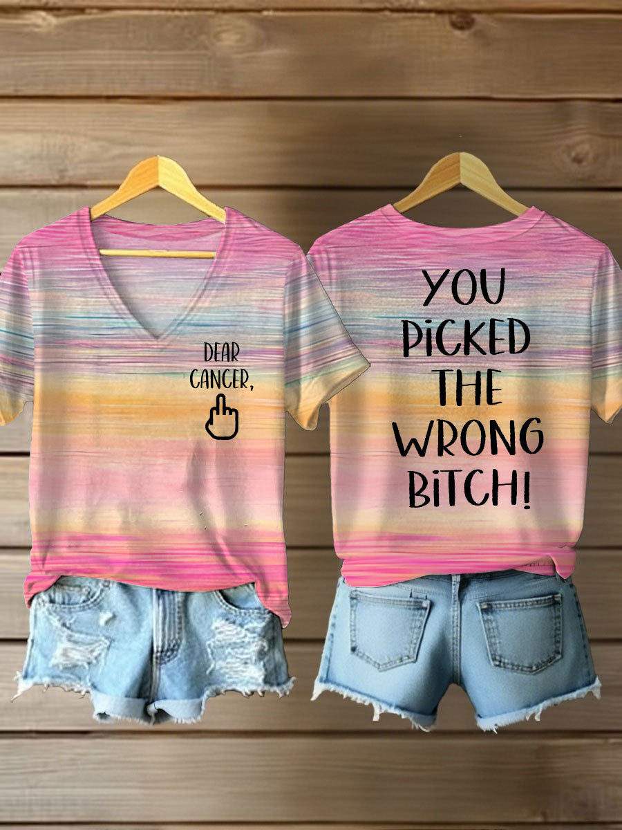 Women's Breast Cancer Awareness Dear Cancer You Picked The Wrong Bitch Printed Casual T-Shirt