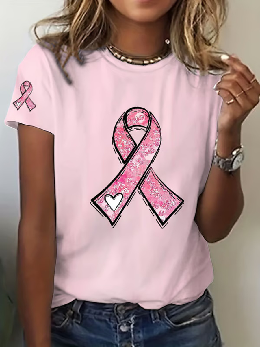 Women's Breast Cancer Awareness Pink Ribbon Print Casual T-Shirt