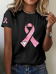 Women's Breast Cancer Awareness Pink Ribbon Print Casual T-Shirt