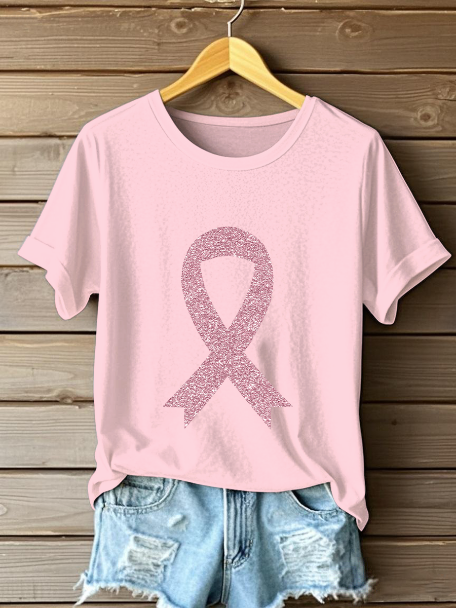 Women's Breast Cancer Awareness Pink Ribbon Print Casual T-Shirt