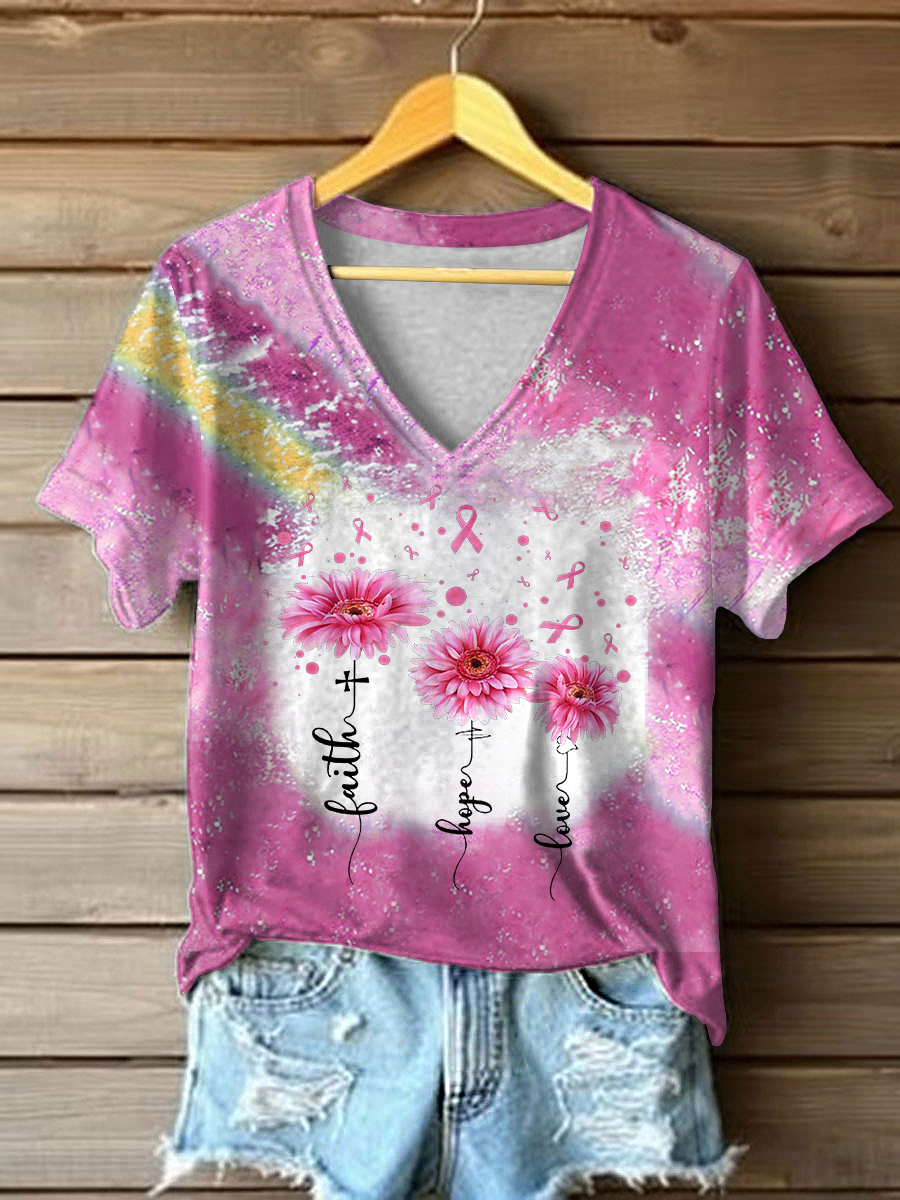 Women's Breast Cancer Awareness Faith Hope Love Print Casual T-Shirt