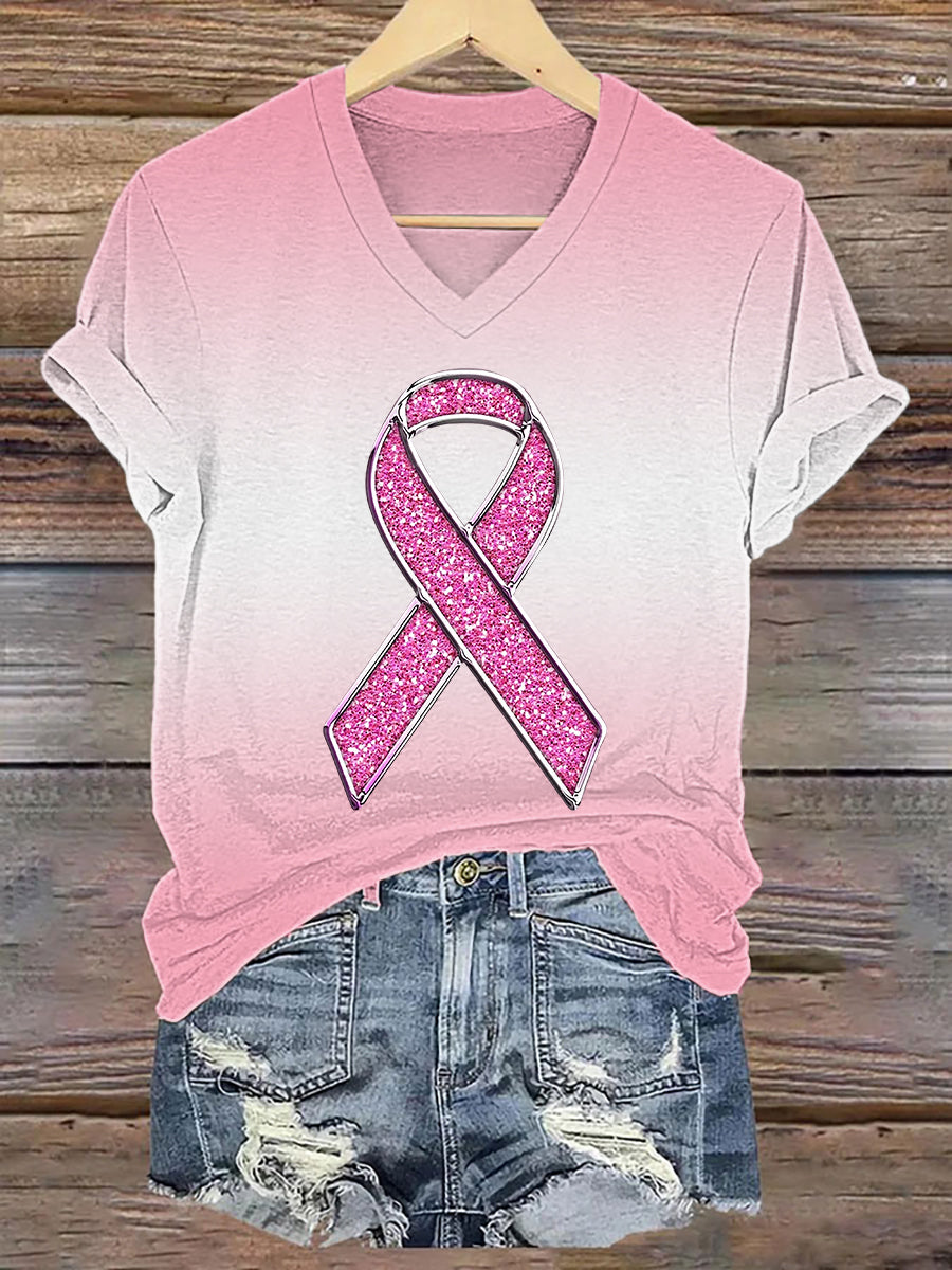 Women's Breast Cancer Awareness Pink Ribbon Print T-Shirt