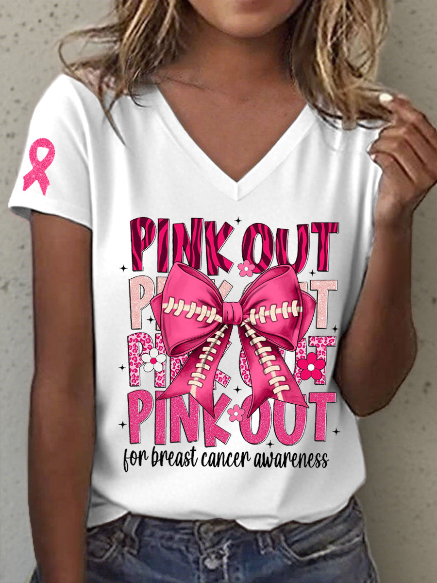 Women's Pink Out For Breast Cancer Awareness Print V-Neck T-Shirt