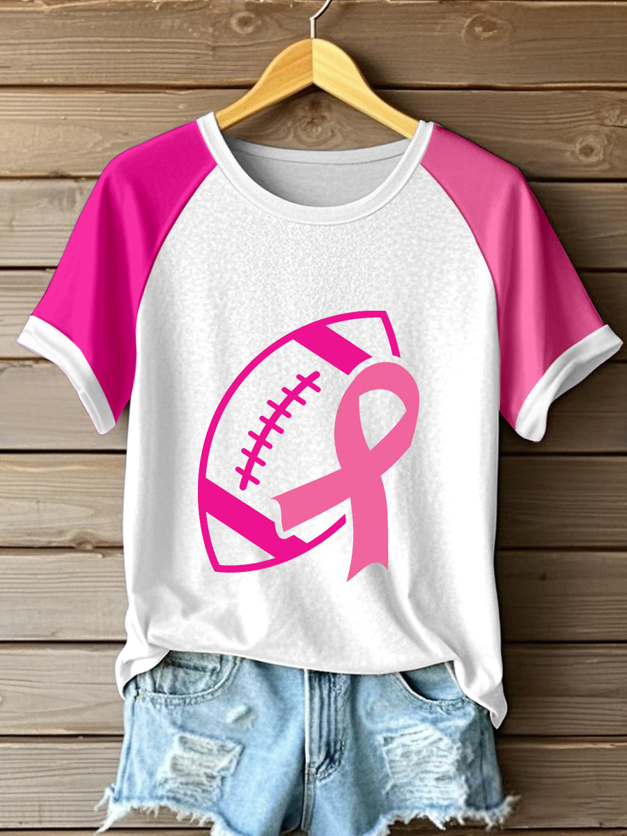 Women's Pink Ribbon & Football Print Breast Cancer Awareness T-Shirt