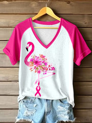 Women's Pink Flamingo Print Breast Cancer Awareness T-Shirt