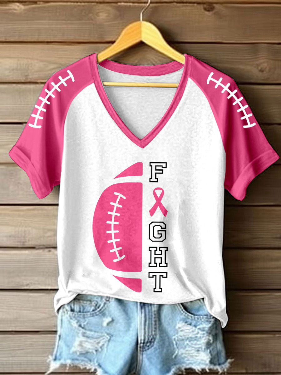 Women's Breast Cancer Awareness Fight Print V-Neck T-Shirt