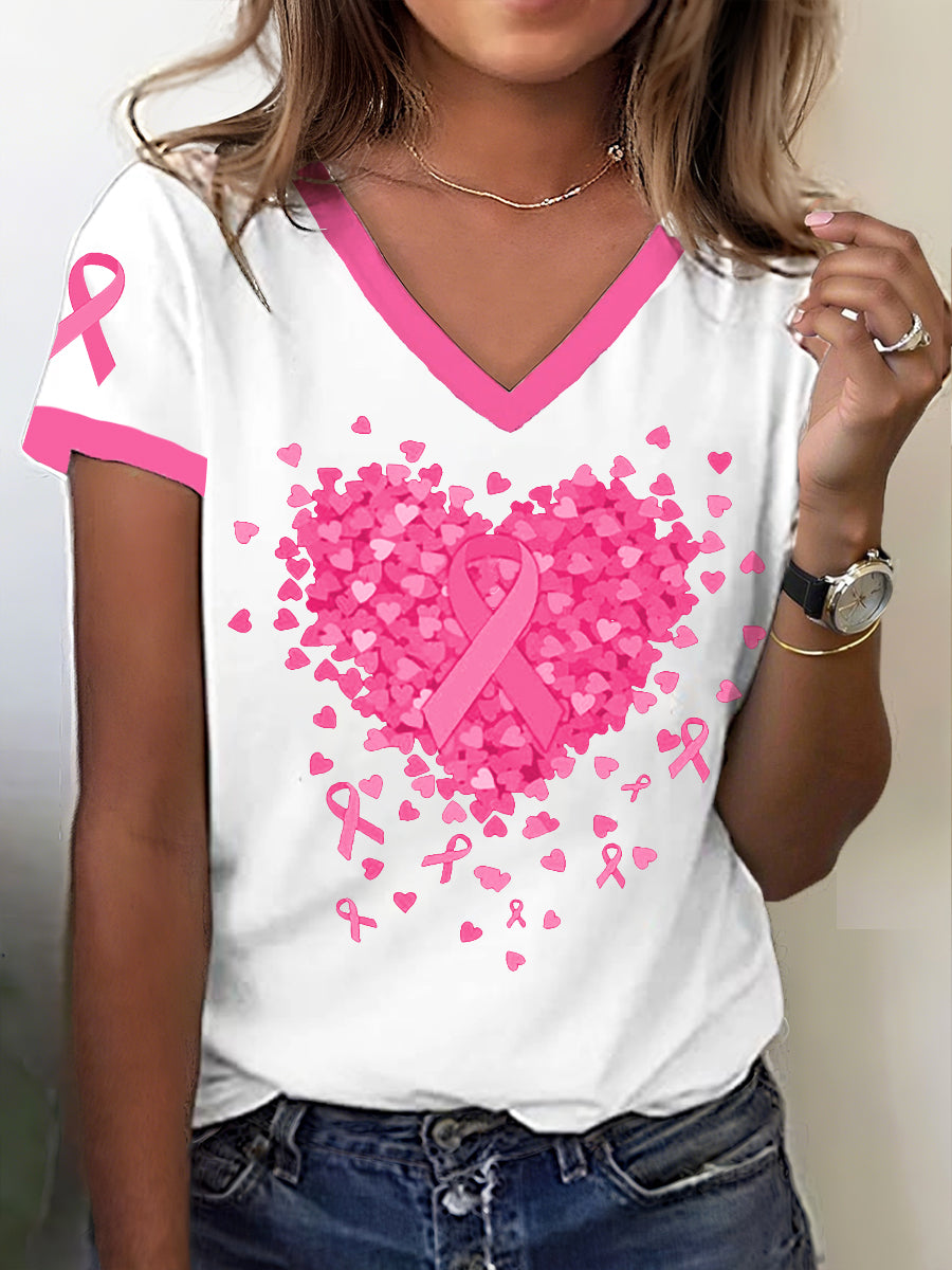 Women's Breast Cancer Awareness Heart Ribbon Print T-Shirt