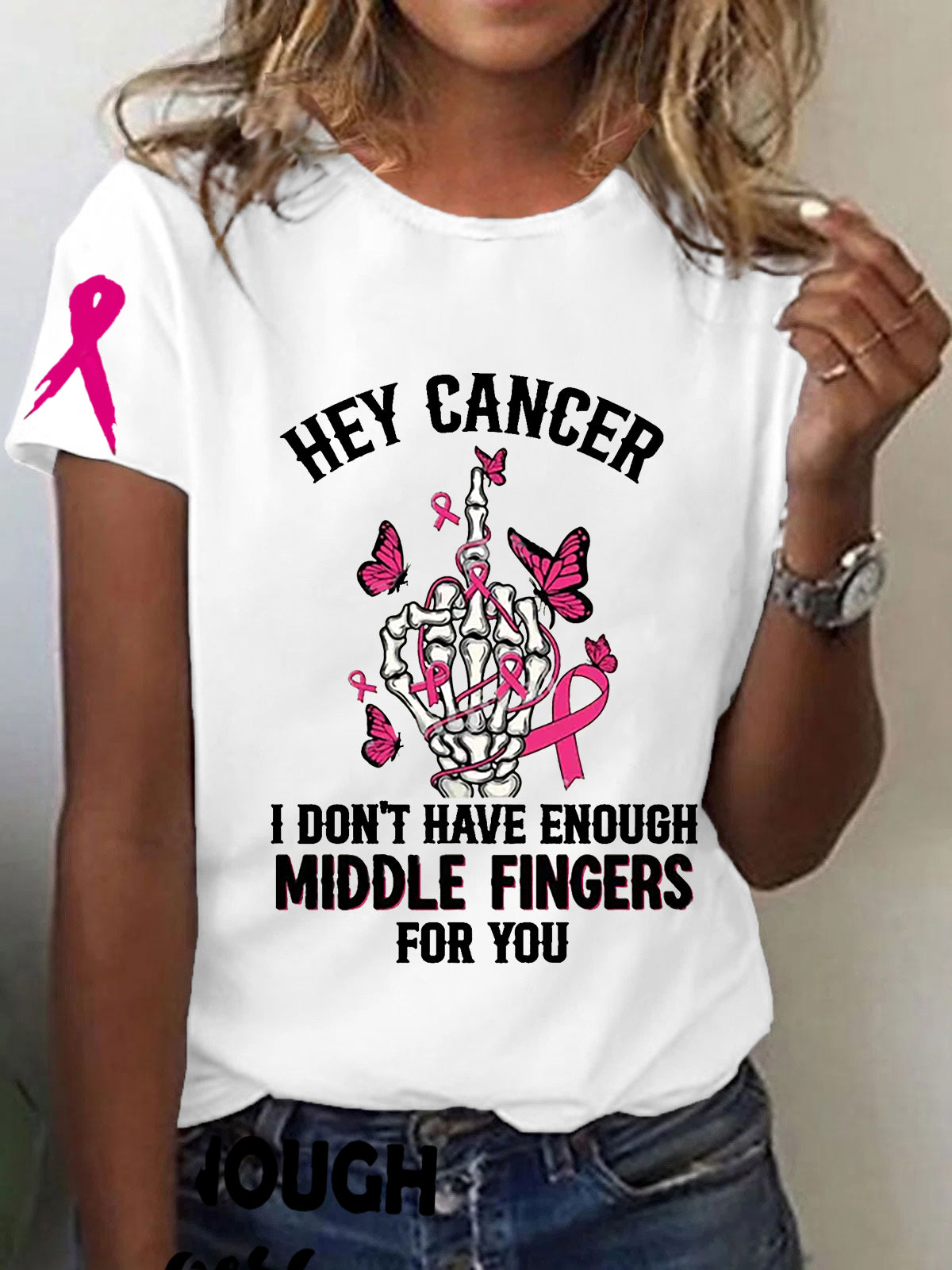 Women's Breast Cancer Awareness  Hey Cancer I don't Have Enough Middle Fingers For You Short Sleeve T-Shirt