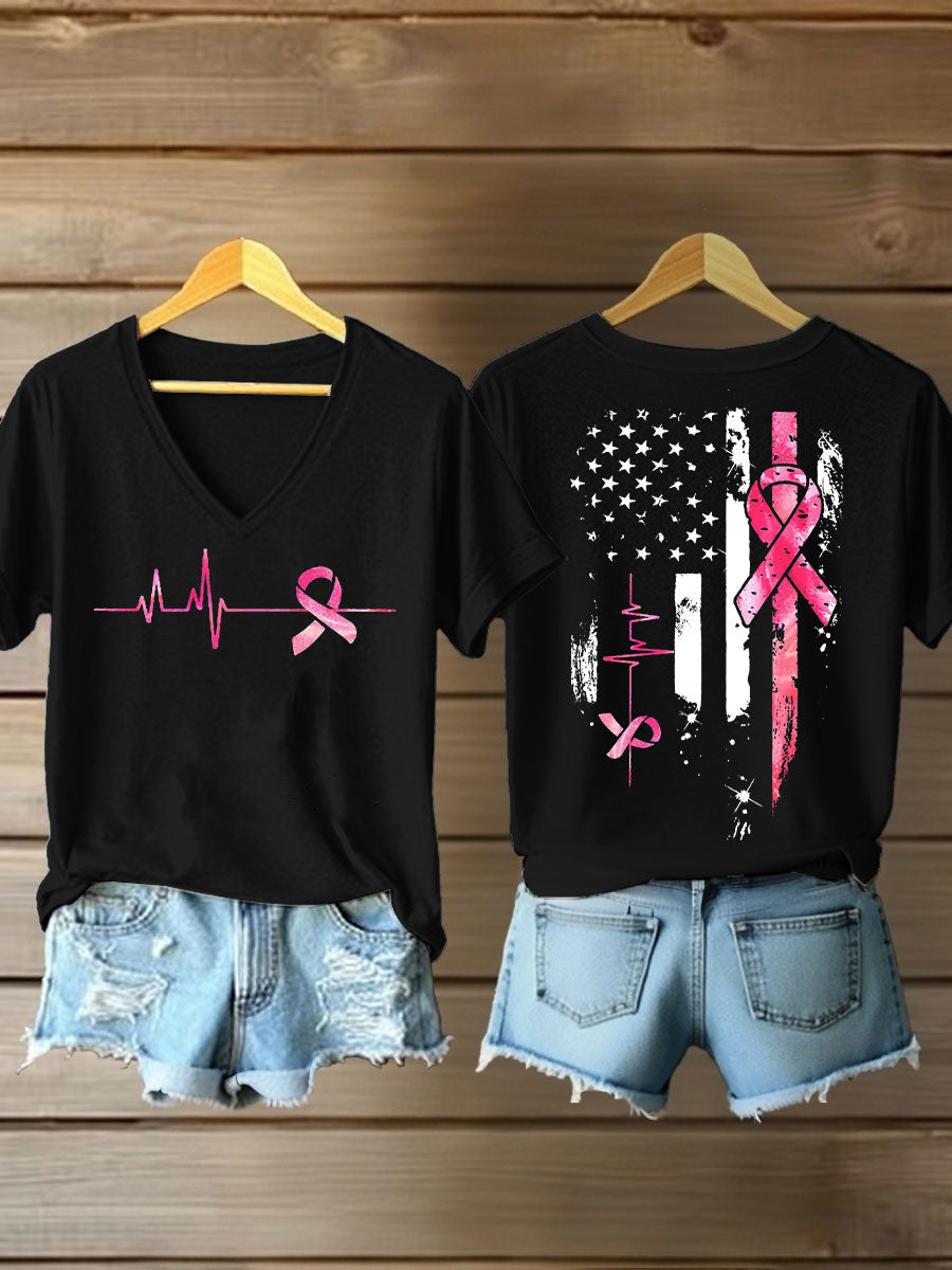 Women's Breast Cancer Awareness Pink Ribbon Print T-Shirt
