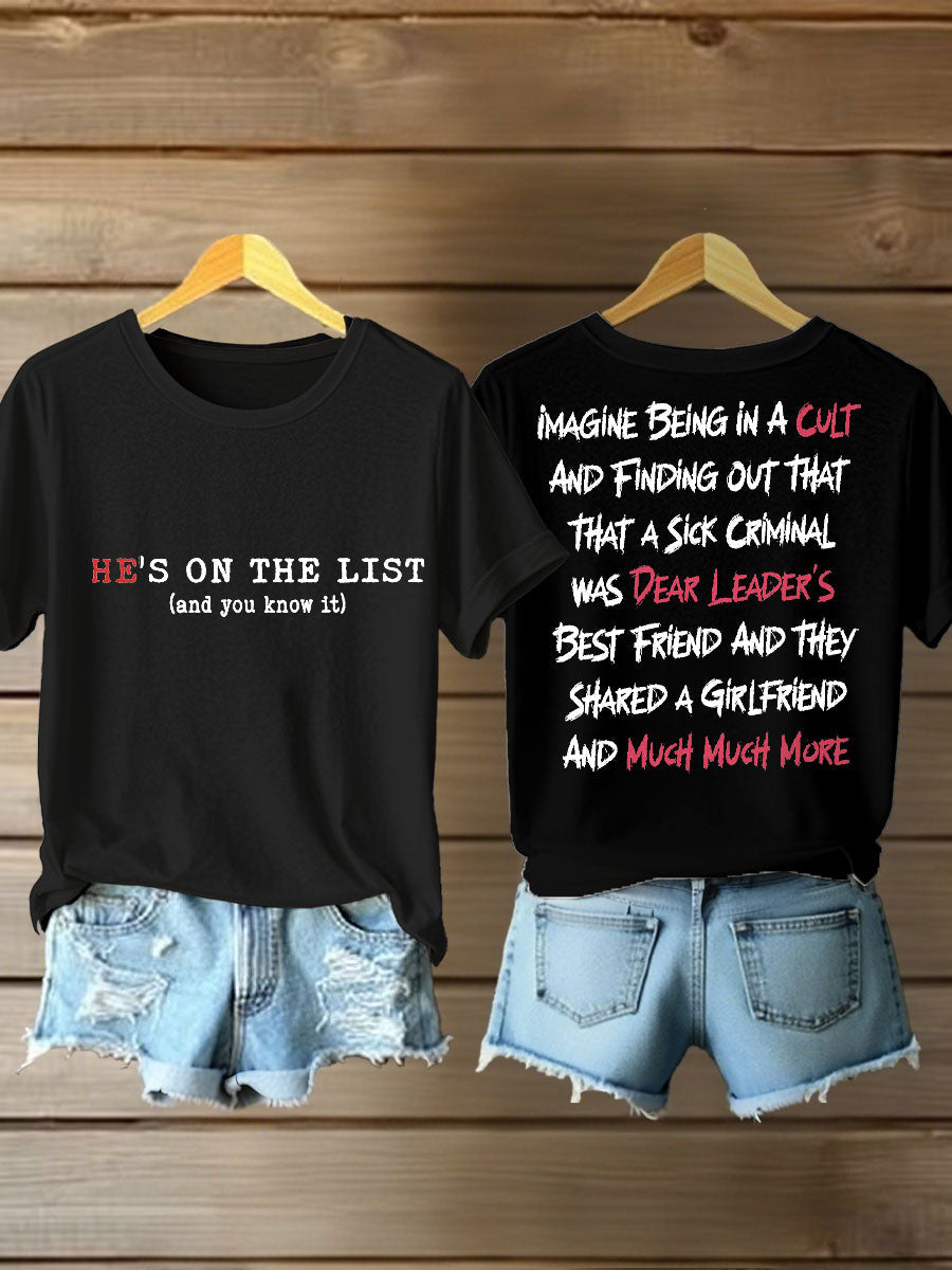 Women's 8647 FDT He's On The List Epstein Printed T-Shirt