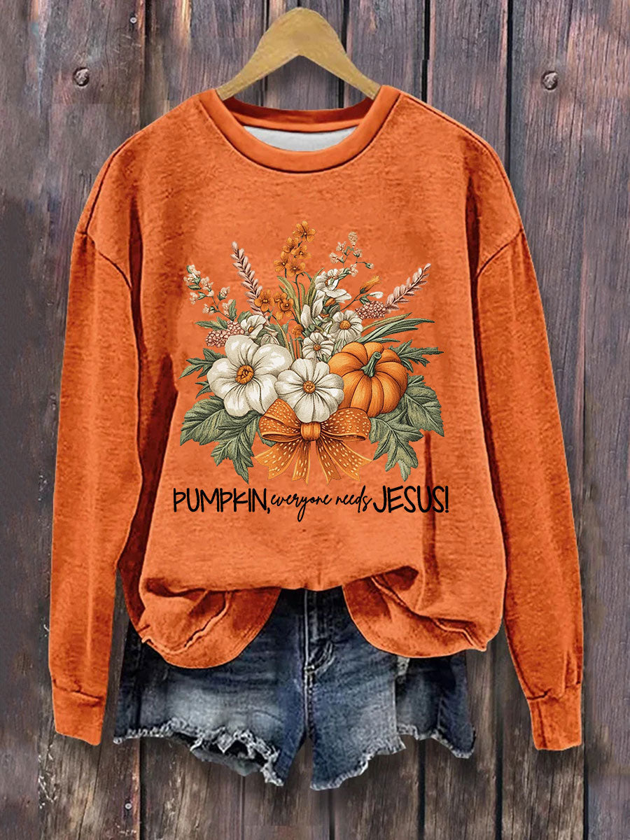 Women's Floral Pumpkin Fall Jesus Print Casual Sweatshirt