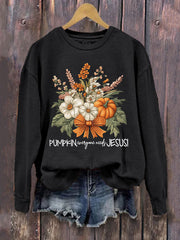 Women's Floral Pumpkin Fall Jesus Print Casual Sweatshirt