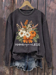 Women's Floral Pumpkin Fall Jesus Print Casual Sweatshirt