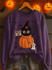 Women's Black Cat Pumpkin Print Casual Sweatshirt