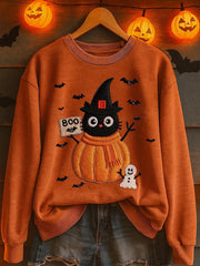 Women's Black Cat Pumpkin Print Casual Sweatshirt