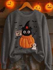 Women's Black Cat Pumpkin Print Casual Sweatshirt