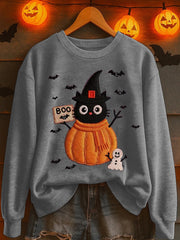 Women's Black Cat Pumpkin Print Casual Sweatshirt