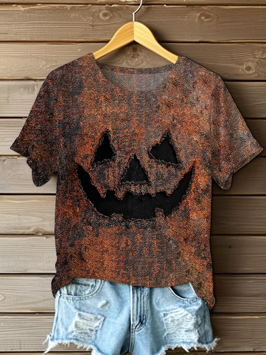Women's Pumpkin Face Art Print Casual T-Shirt