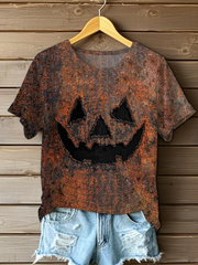Women's Pumpkin Face Art Print Casual T-Shirt