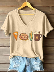 Women's Fall Thanksgiving Food Print V-Neck T-Shirt