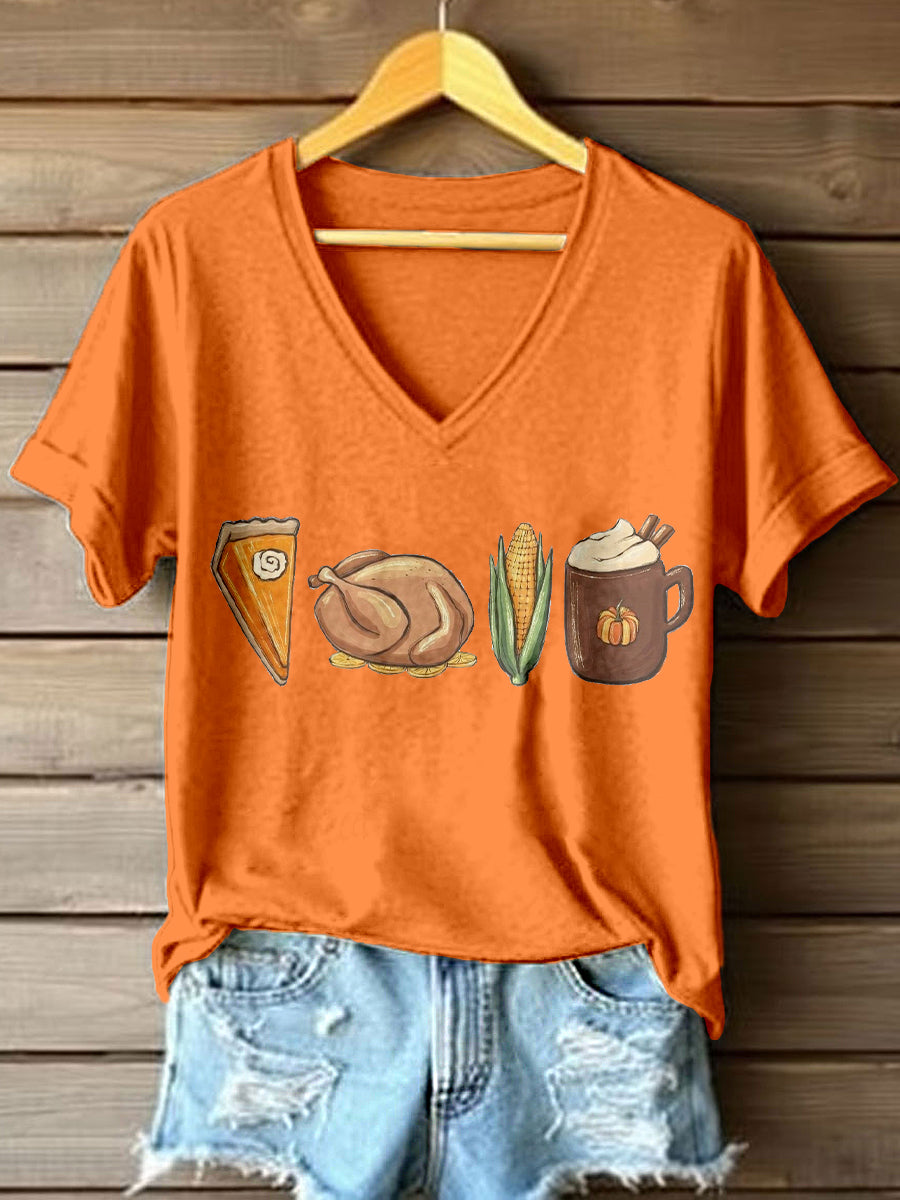 Women's Fall Thanksgiving Food Print V-Neck T-Shirt