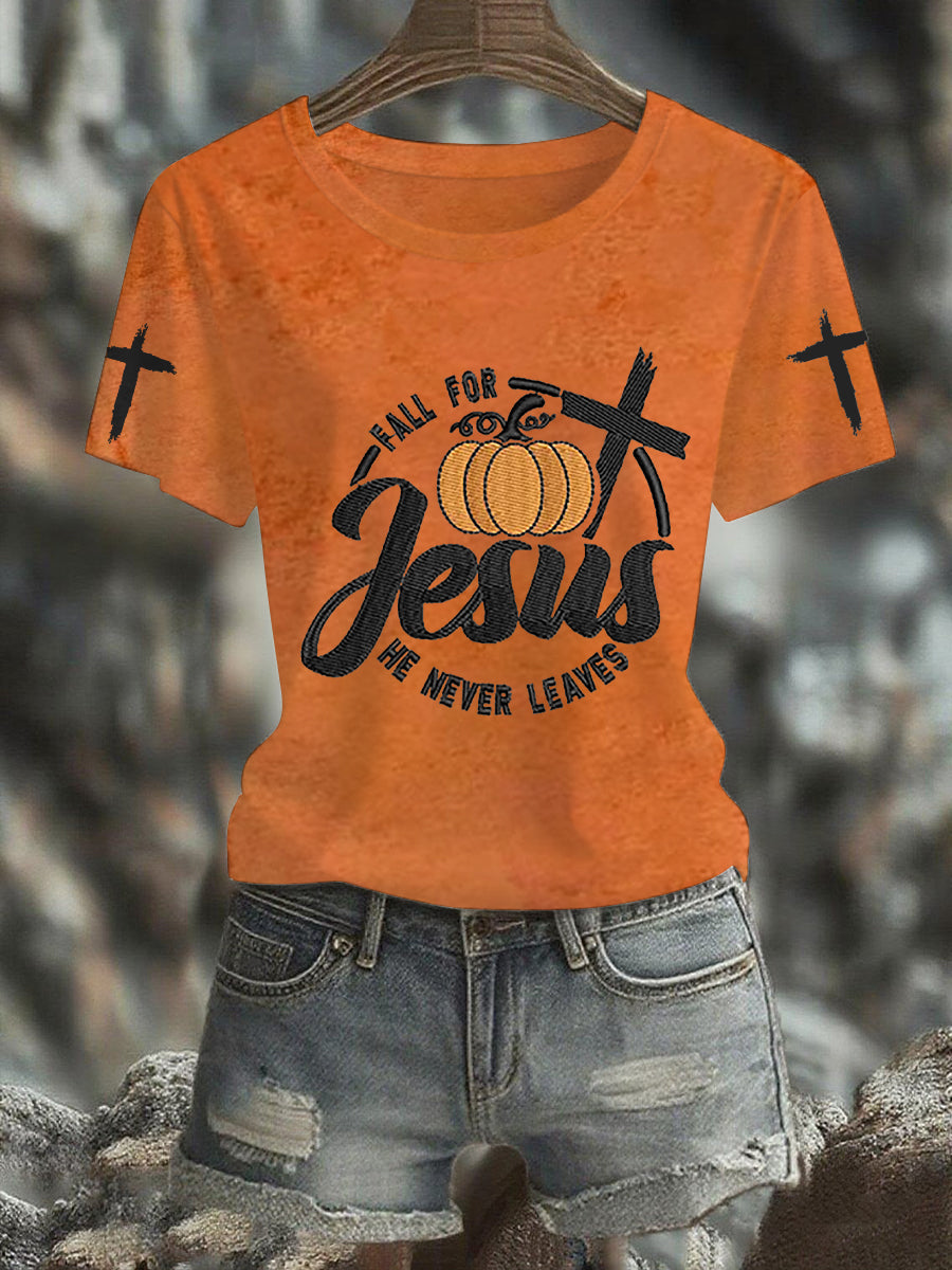 Women's Fall For Jesus, He Never Leaves Cross Short Sleeve T-Shirt