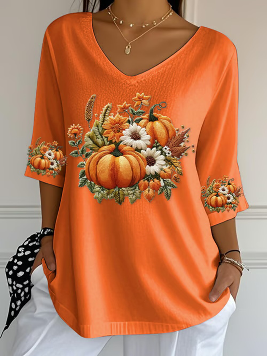 Women's Autumn Pumpkin Print Casual T-Shirt