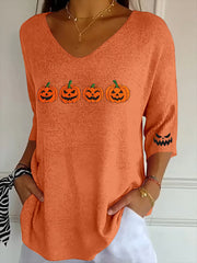 Women's Autumn Pumpkin Ghost Face Print Top