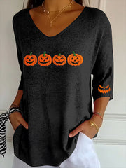 Women's Autumn Pumpkin Ghost Face Print Top