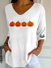 Women's Autumn Pumpkin Ghost Face Print Top