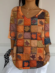 Women's Autumn Maple Leaves Print Casual V-Neck T-Shirt