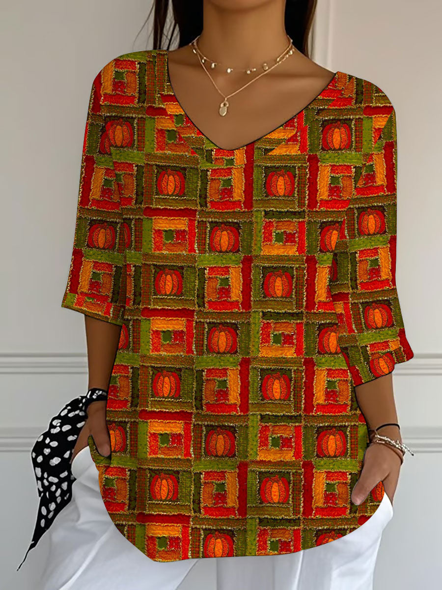 Women's Autumn checkered pumpkin patchwork Print Top