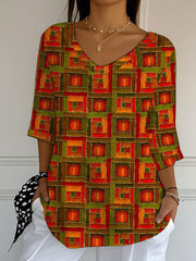 Women's Autumn checkered pumpkin patchwork Print Top