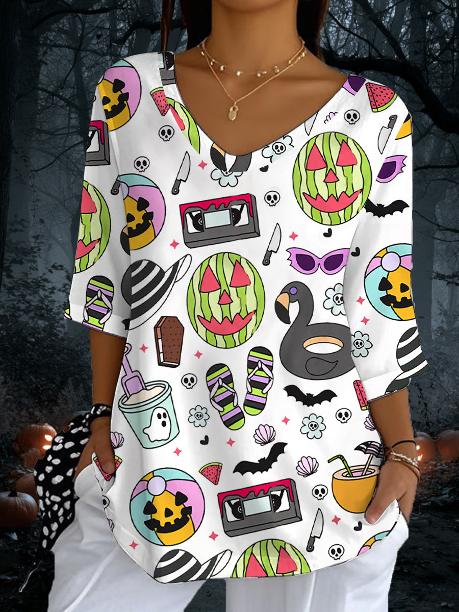 Women's Halloween print V-neck T-shirts