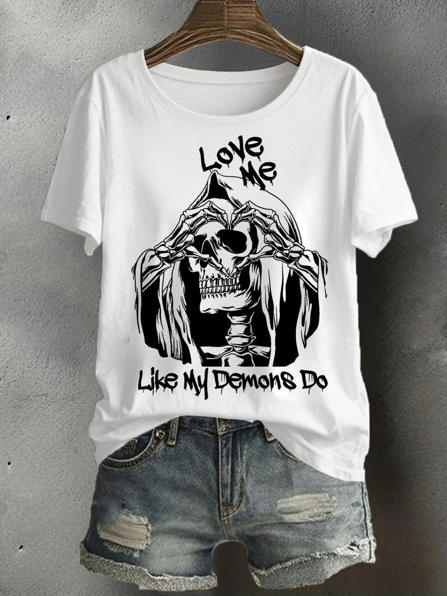 Women's Funny Halloween Horror Love Me Like My Demon Do Printed T-shirt