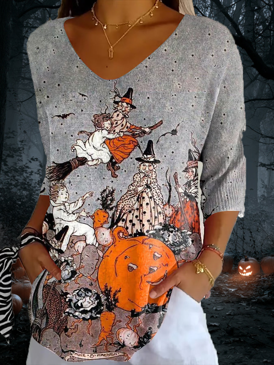 Women's Halloween Witch Print  Casual V-Neck T-Shirt