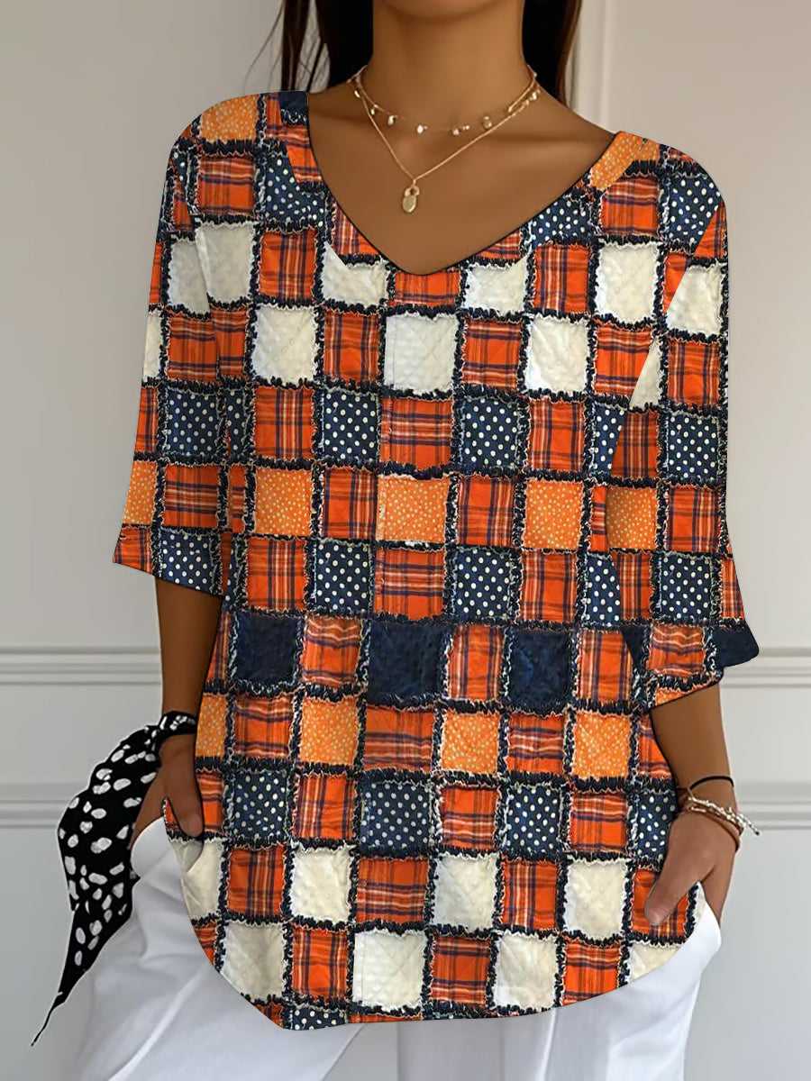Women's Autumn plaid patchwork Print  V-Neck Top