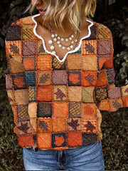 Women's Autumn plaid maple leaf  patchwork Print Top
