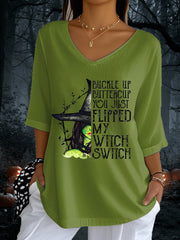 Women's Vintage Halloween Witch Print Mid Sleeve T-Shirt