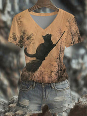 Women's Vintage Halloween Black Cat Flying on Broom Short Sleeve T-shirt