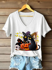 Women's Retro Halloween Cat Pumpkin Short Sleeve T-Shirt